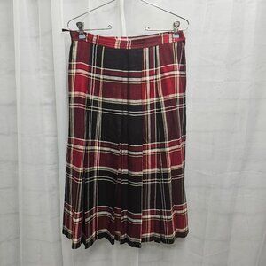 Electre France REd Black Plaid Midi Skirt Pleated Classic Preppy Office 30"